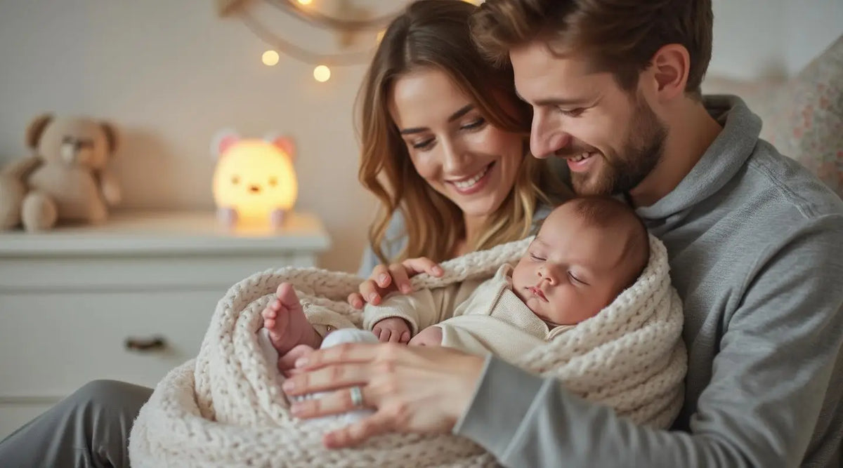 Famille heureuse avec nouveau-né qui dort paisiblement grâce aux veilleuses apaisantes Bébé Ange pour des nuits sereines