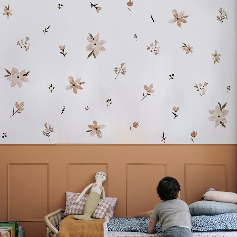 BohoJoli-Autocollant Mural avec Fleurs et Feuilles Interconnectées - Décalcomanies d'Art en Vinyle pour Chambre d'Enfant et Salon, Décoration de Maison - Bébé Ange