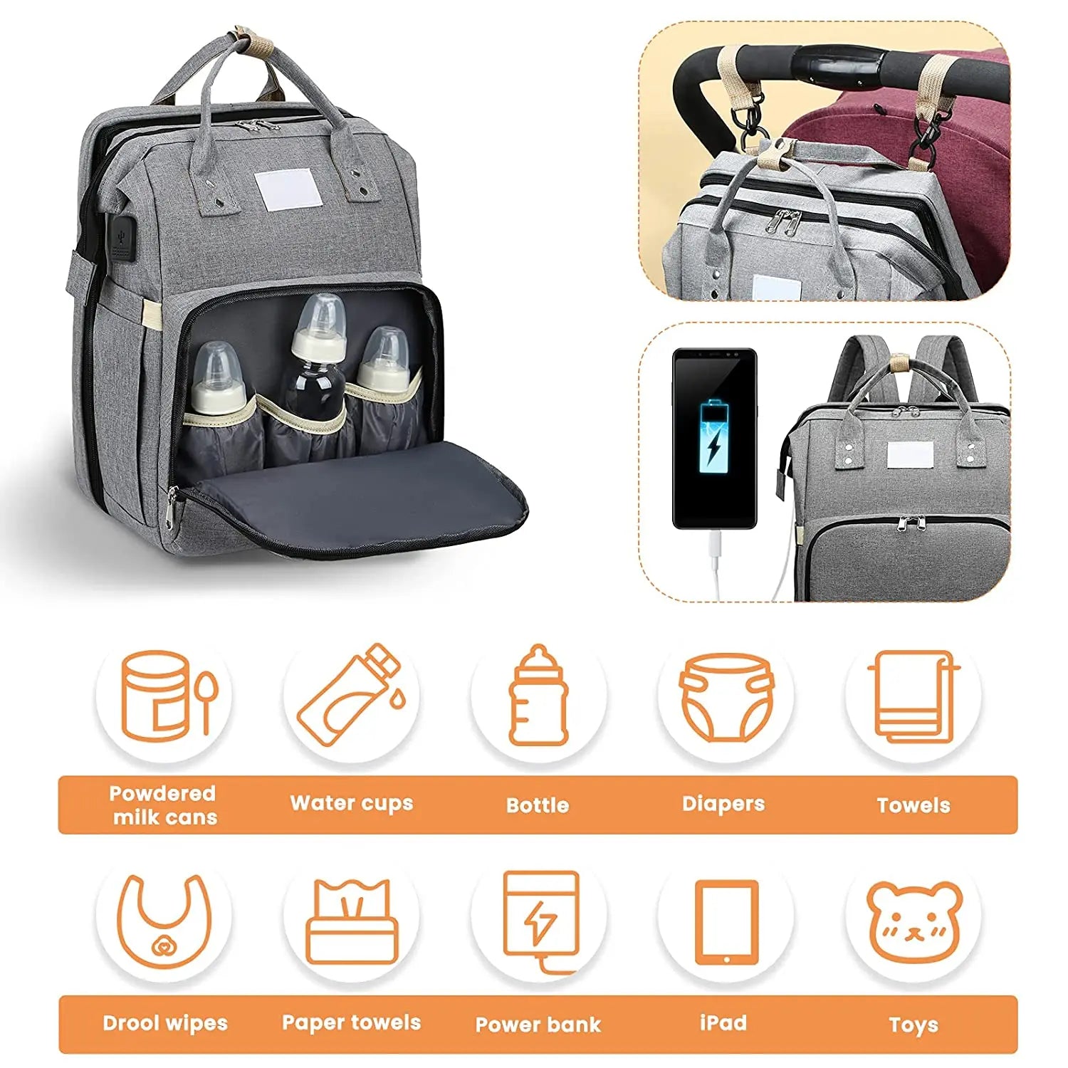 BabyTravel - Sac à Dos à Langer avec Lit Pliable et Port USB - Bébé Ange