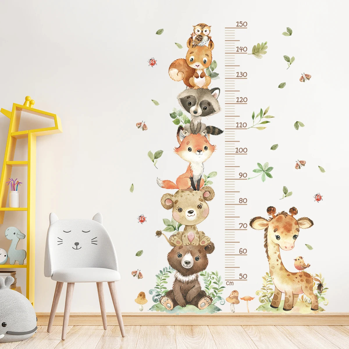 KinderGrow - Stickers Muraux Animaux en 3 Pièces, Règle de Hauteur Étanche et Amovible pour Chambre d'Enfant - Bébé Ange