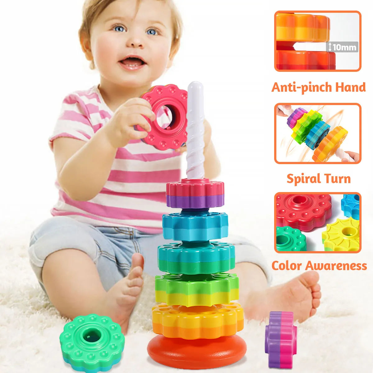 RainbowSpin™ - Tour Arc-en-Ciel Rotative Montessori pour Enfants - Bébé Ange