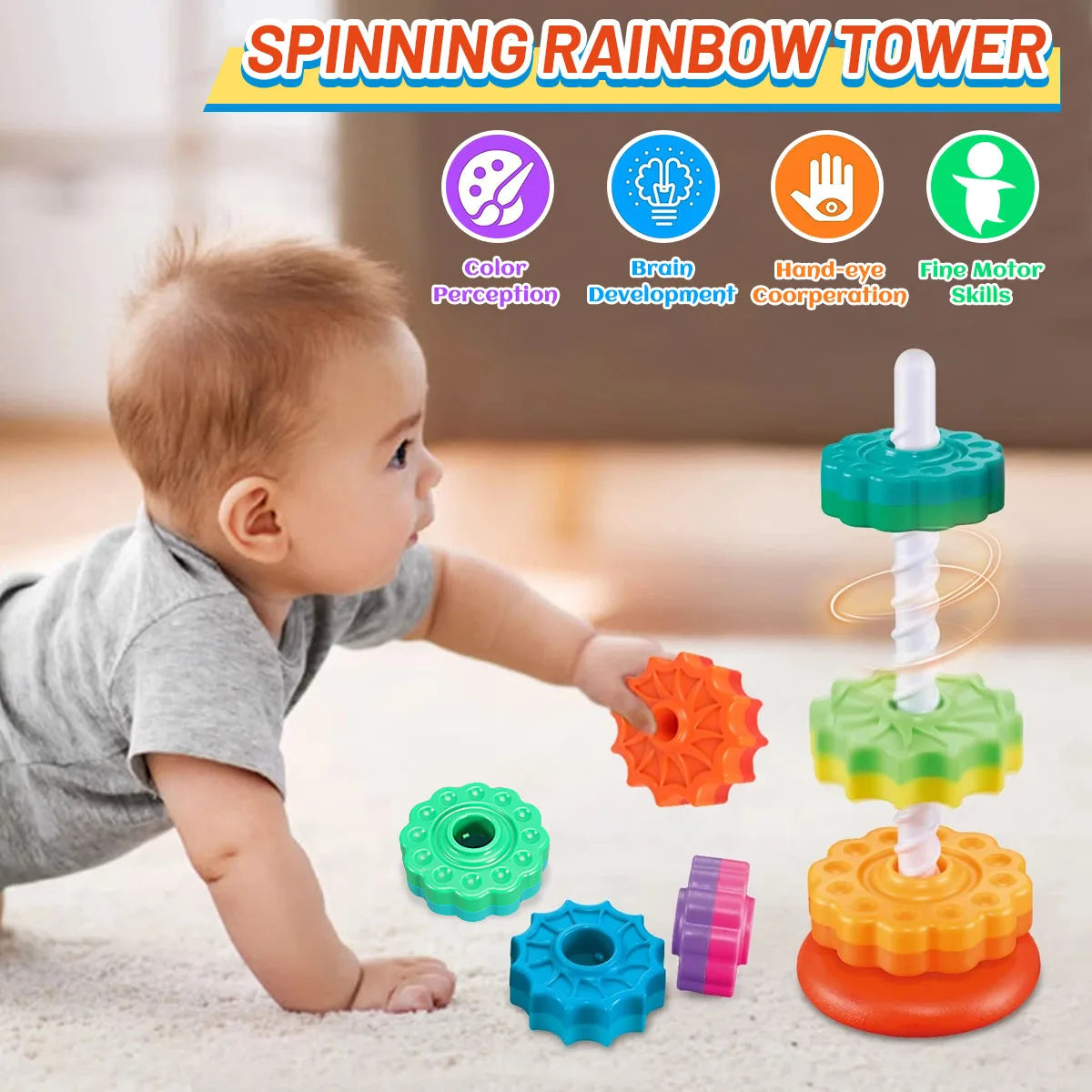 RainbowSpin™ - Tour Arc-en-Ciel Rotative Montessori pour Enfants - Bébé Ange