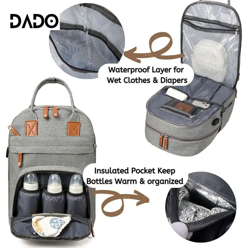 BabyTote - Sac à Dos à Langer Multifonction Imperméable avec Matelas à Langer et Sangles de Poussette - Bébé Ange