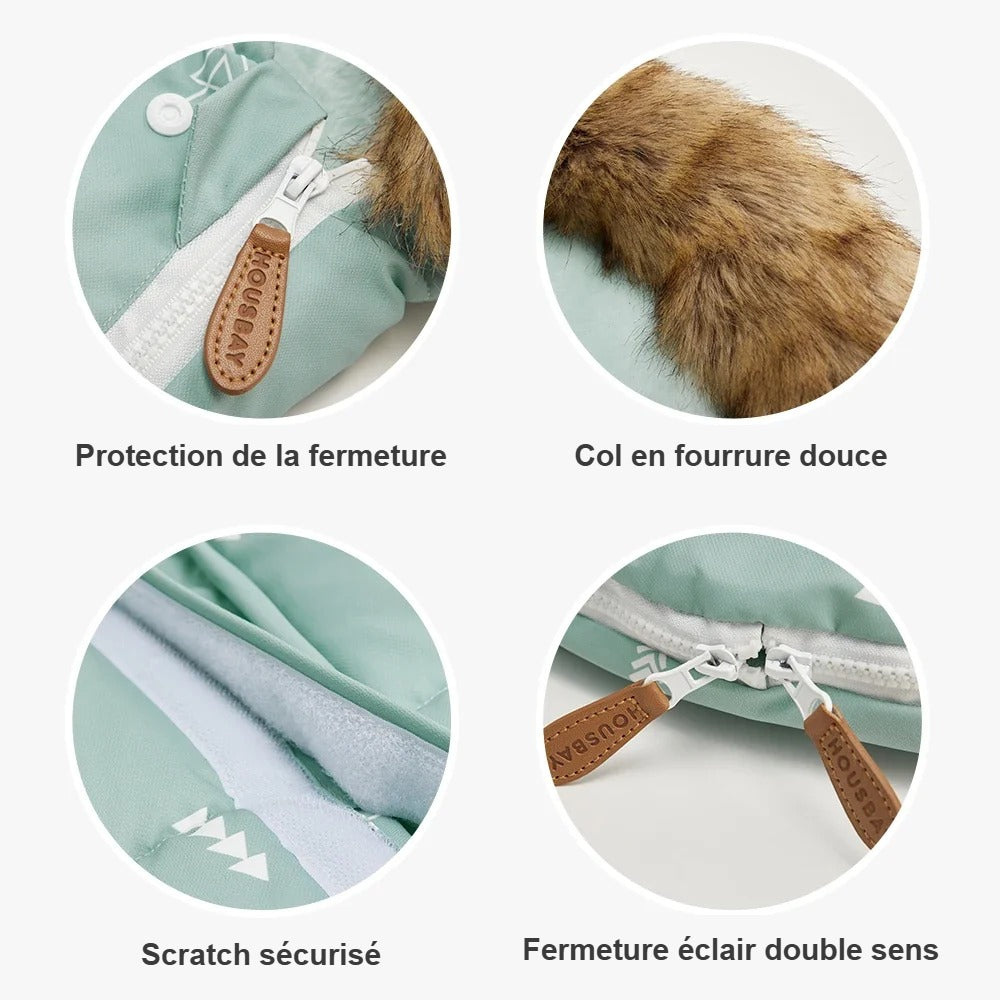 Détails de la chancelière Bébé Ange : protection de la fermeture, col en fourrure douce, scratch sécurisé, fermeture éclair double sens