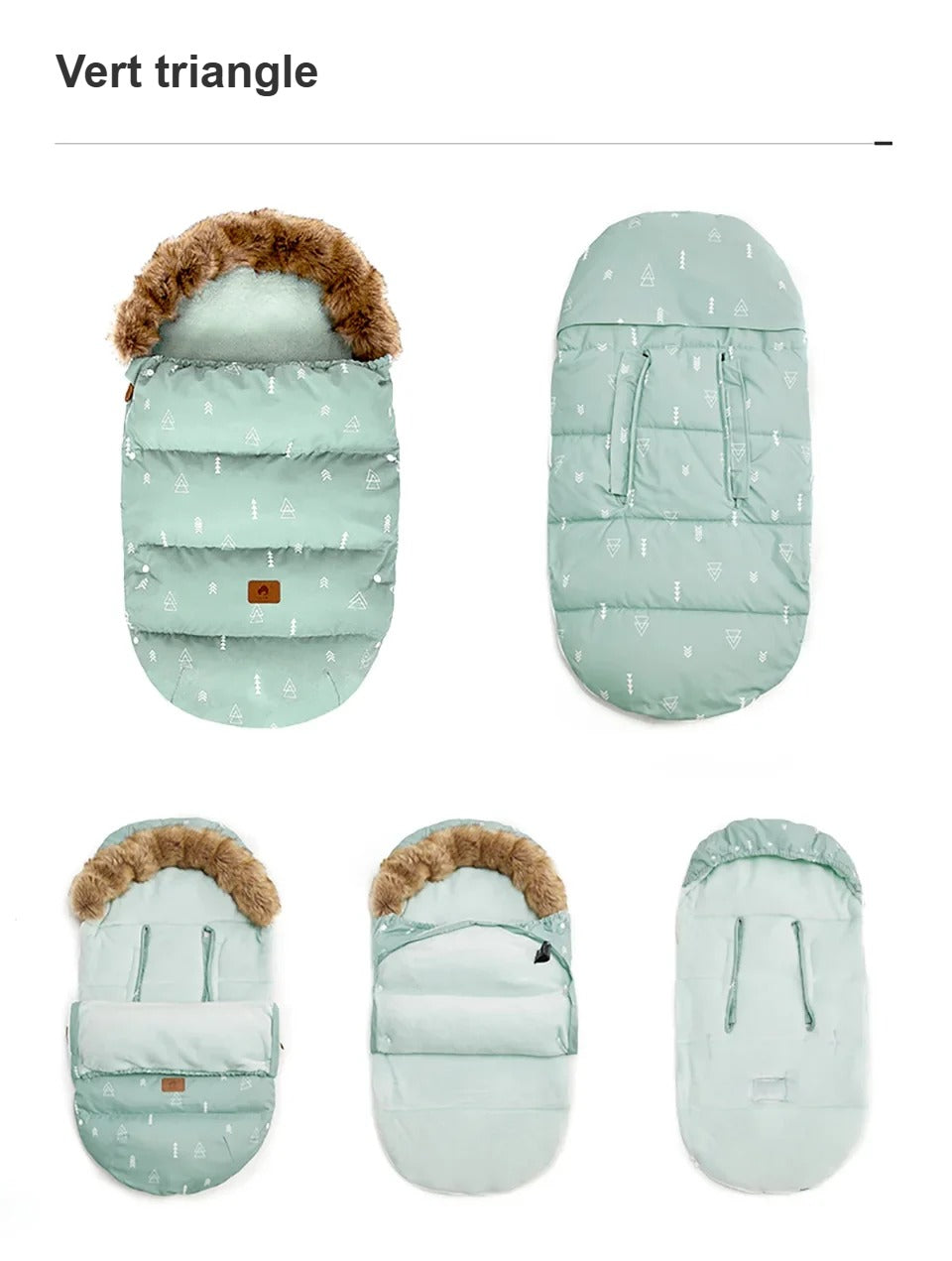 Chancelière Bébé Ange coloris vert triangle : vue de face, de dos, ouverte et sans fourrure
