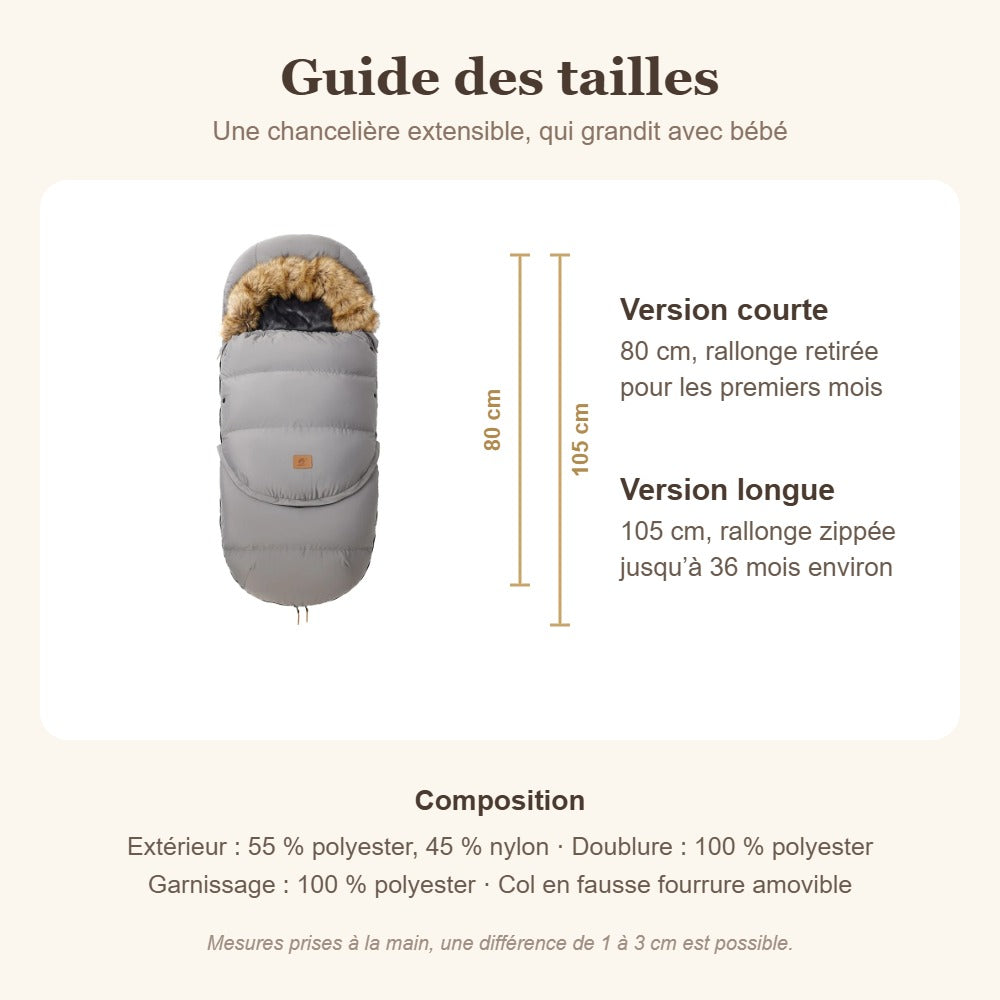 Guide des tailles de la chancelière extensible : 80 cm, puis 105 cm jusqu'à 36 mois