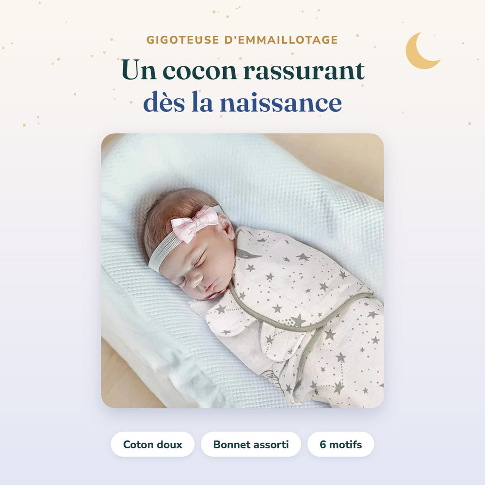 Gigoteuse d'emmaillotage et bonnet Bébé Ange, dès la naissance