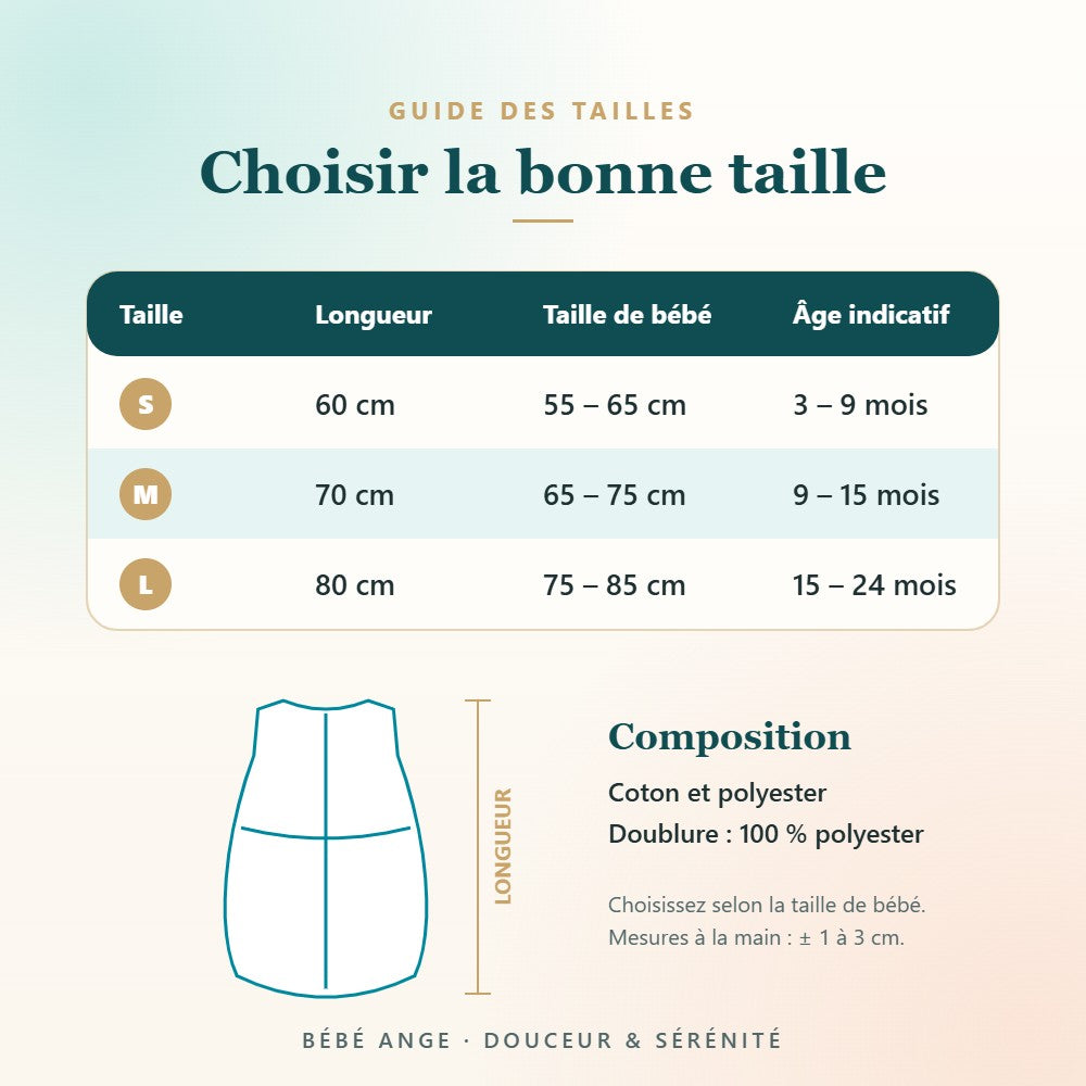 Guide des tailles de la gigoteuse mi-saison - Bébé Ange