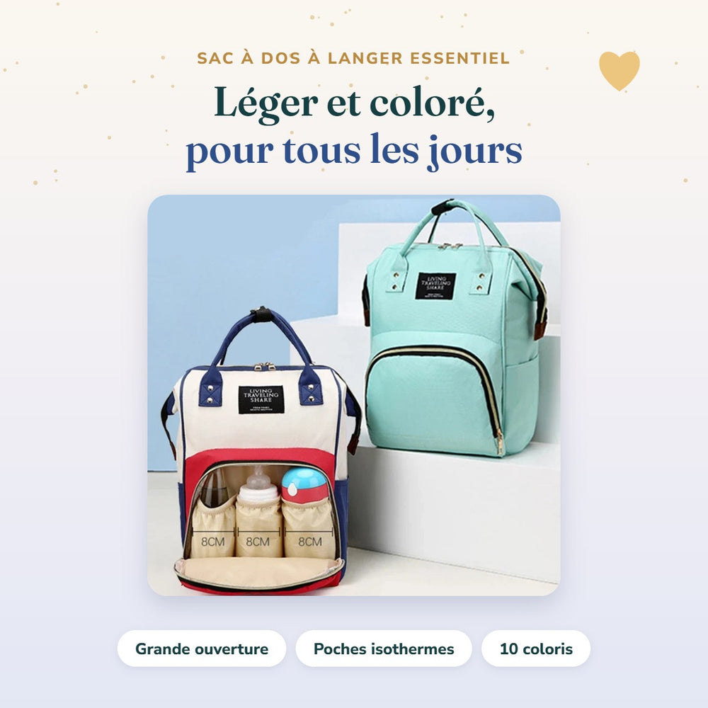 Sac à dos à langer Essentiel Bébé Ange, léger, 10 coloris