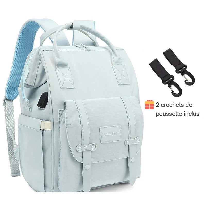 Sac à dos à langer bleu ciel avec 2 crochets de poussette