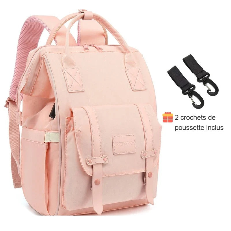 Sac à dos à langer rose poudré avec 2 crochets de poussette