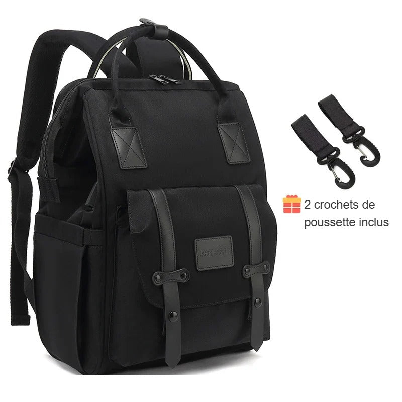 Sac à dos à langer noir avec 2 crochets de poussette