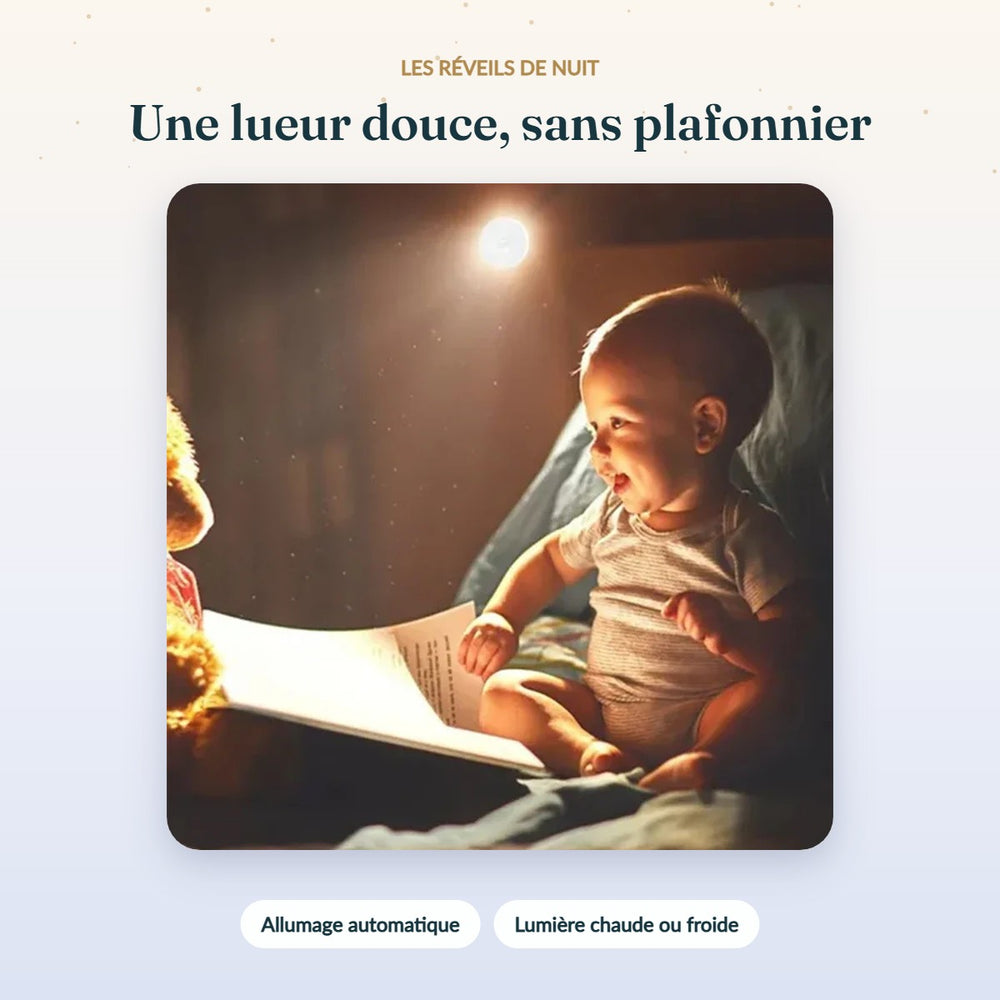 Bébé éclairé par une veilleuse douce pendant la nuit